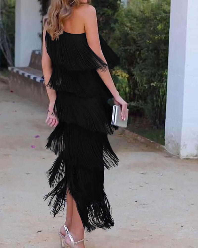 Maya-Off Shoulder elegant fringe dress - Elena Harper