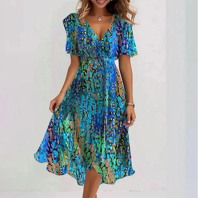 Women's Midi Floral Wrap Dress – A-Line Style with Short Sleeves