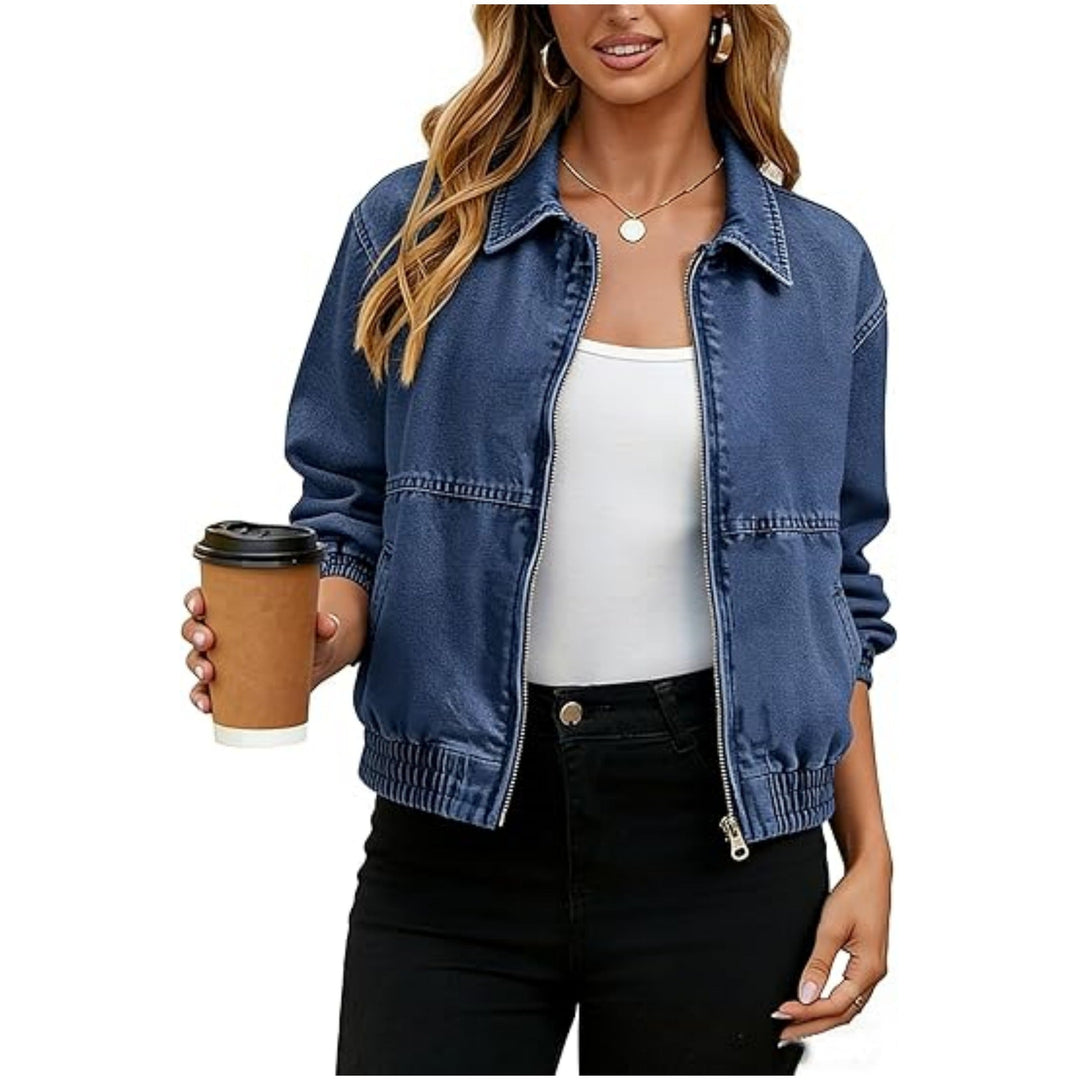 Short Retro Style Denim Jacket with Zip and Lapels