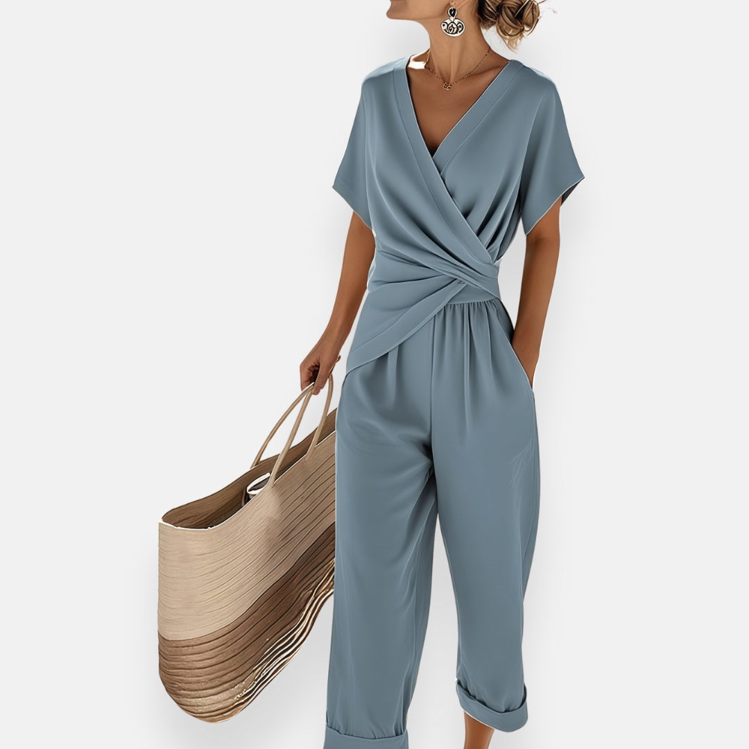Elegant Two-Piece Set for Women Short Sleeve Top and Draped Knot Short Pants - Elena Harper