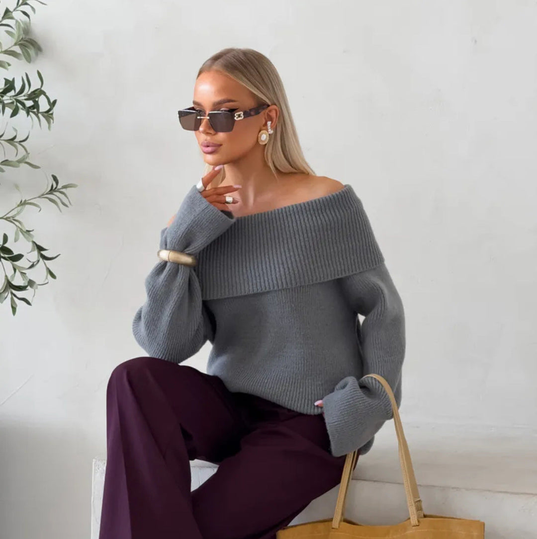 Women's Sweater with Lapel Collar and Bare Shoulders - Chic and Comfortable
