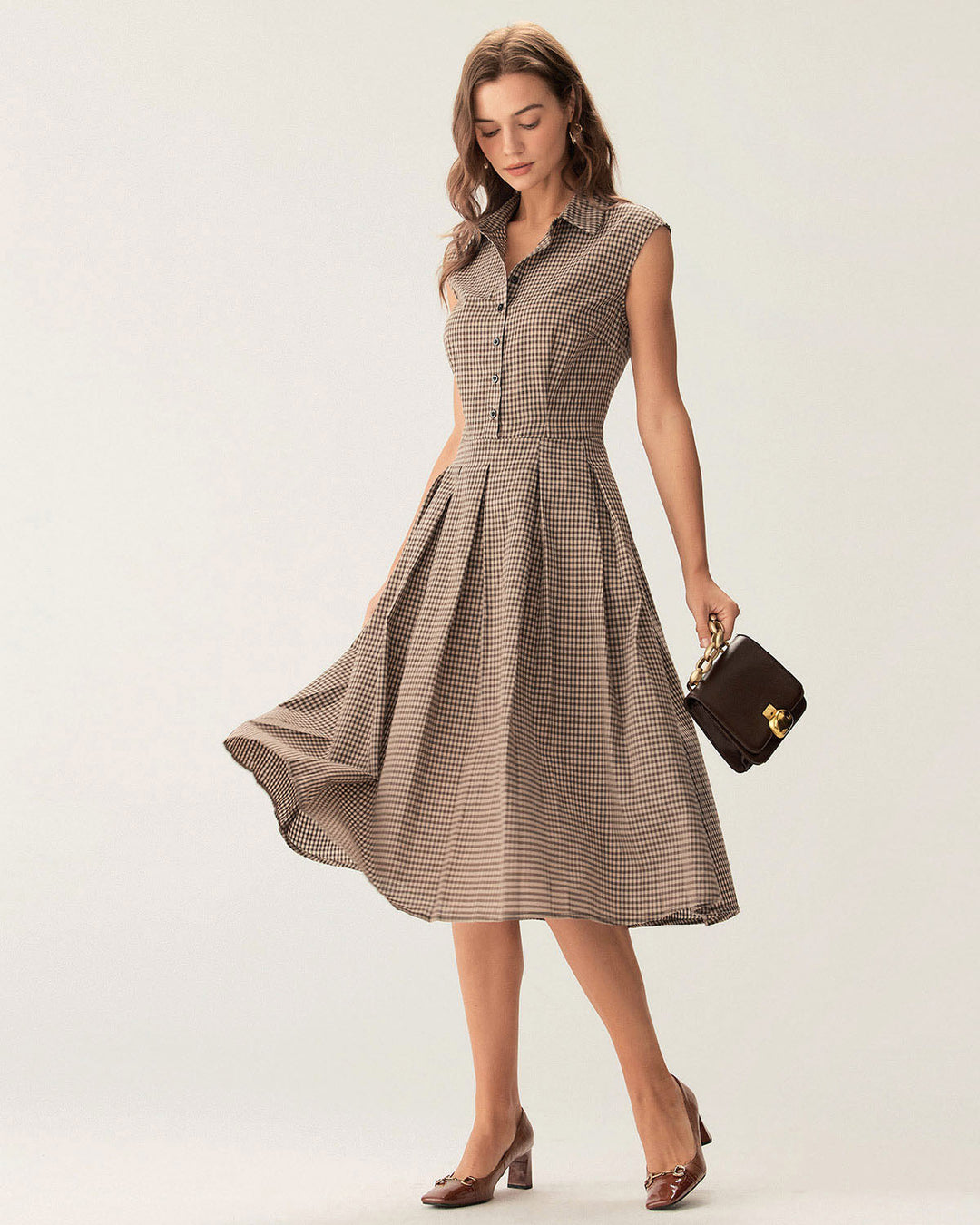Women's Midi Checkered Dress with Buttons and Pleated A-Line Skirt