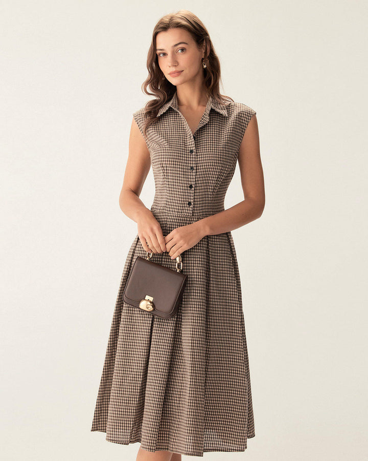 Women's Midi Checkered Dress with Buttons and Pleated A-Line Skirt