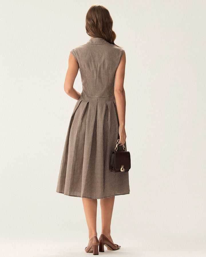 Women's Midi Checkered Dress with Buttons and Pleated A-Line Skirt