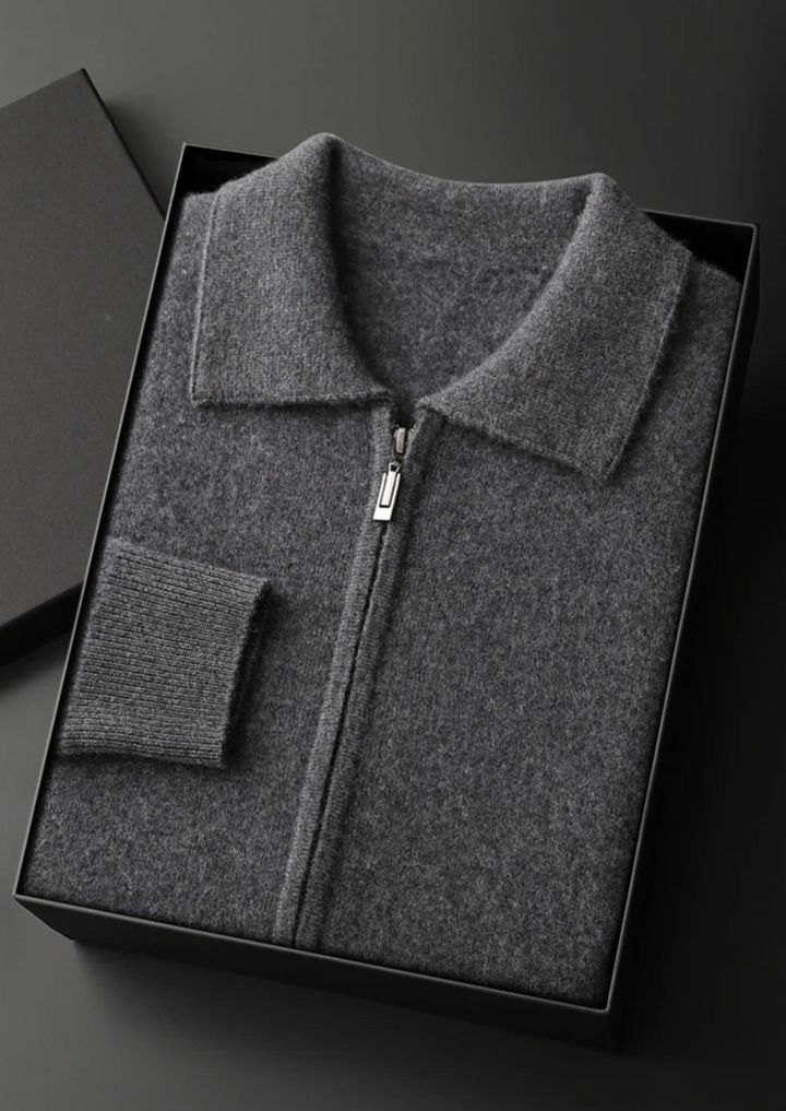 100% CASHMERE ZIP POLO CARDIGAN.