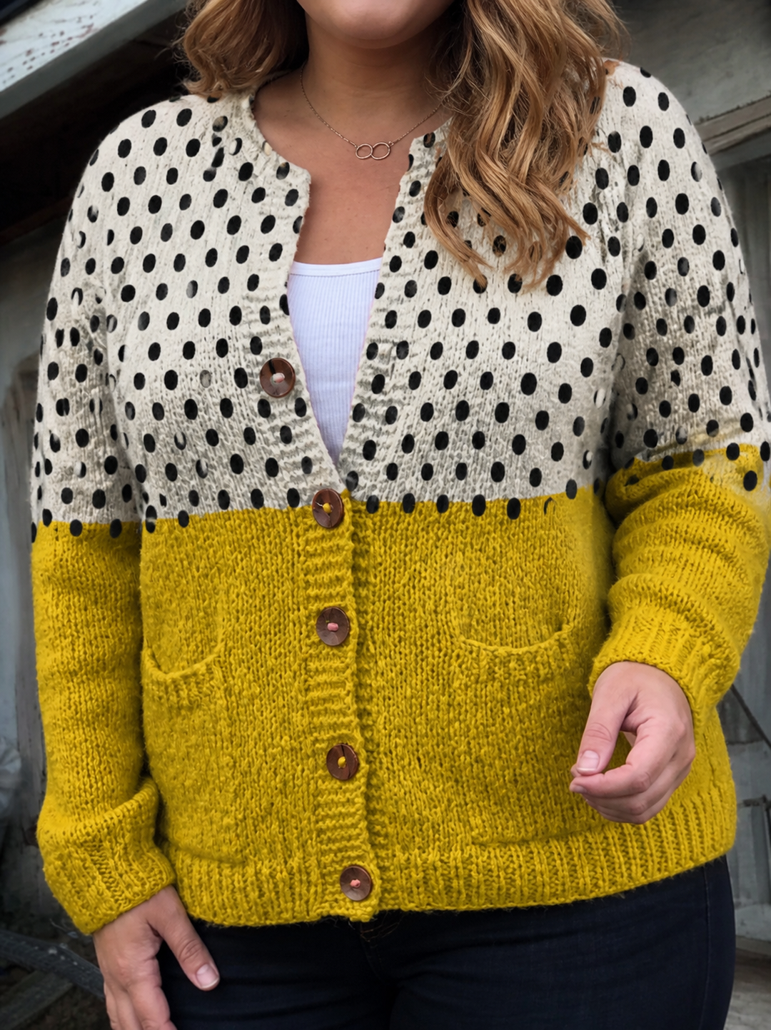 Ladies' Cardigan with Polka Dot Print and Colorblock Buttons