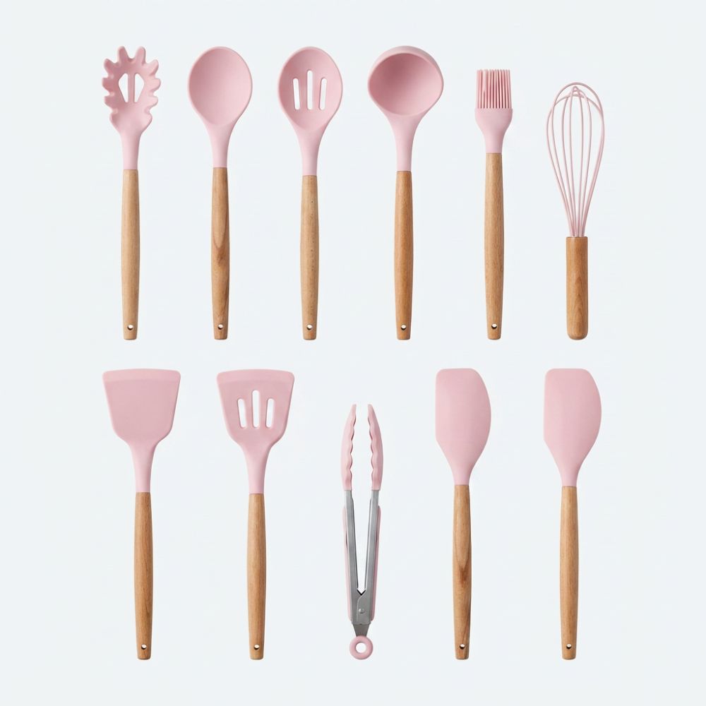 Silicone Kitchen Utensil Set with Wooden Handles