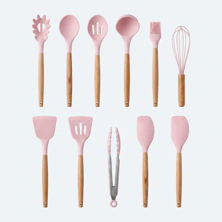Silicone Kitchen Utensil Set with Wooden Handles