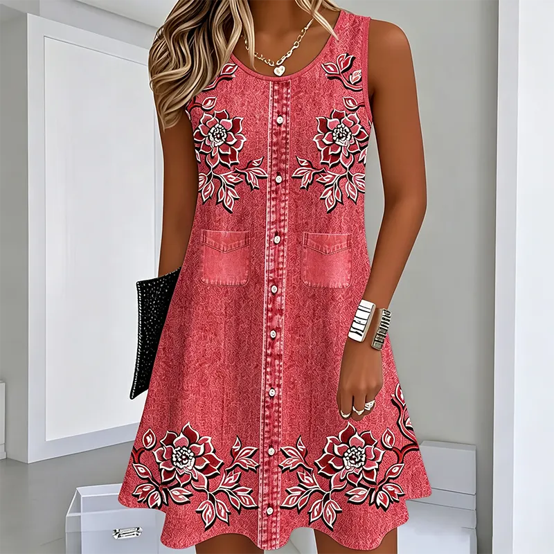 Women's Floral Sleeveless Dress with Front Buttons