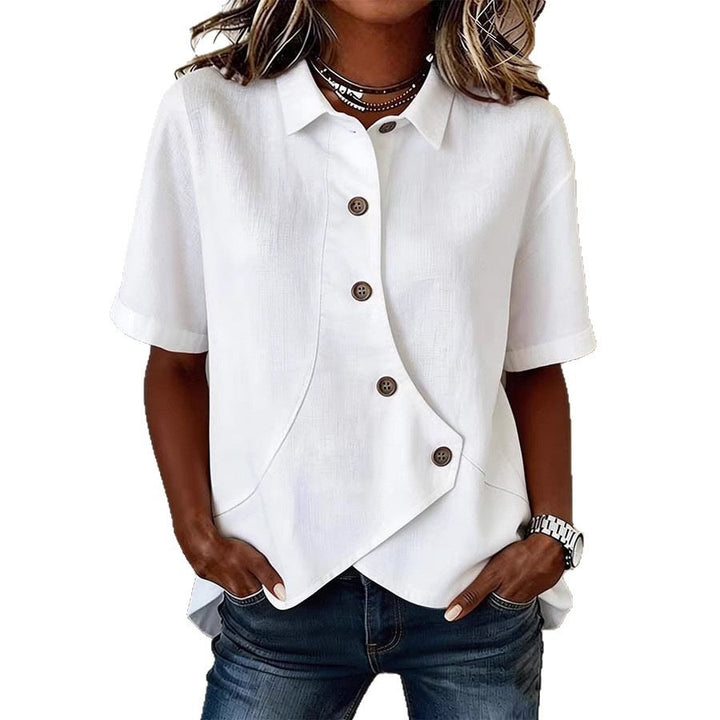 Women's Solid Color Shirt with Asymmetrical Buttoning and Short Sleeves
