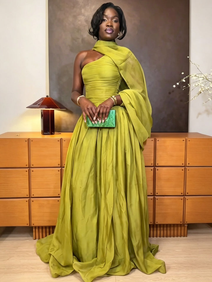 One-Shoulder Draped Pleated Maxi Dress - Elena Harper