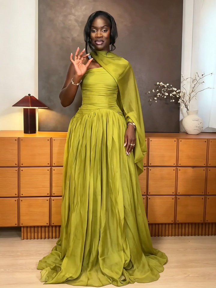 One-Shoulder Draped Pleated Maxi Dress, view 2 - Elena Harper