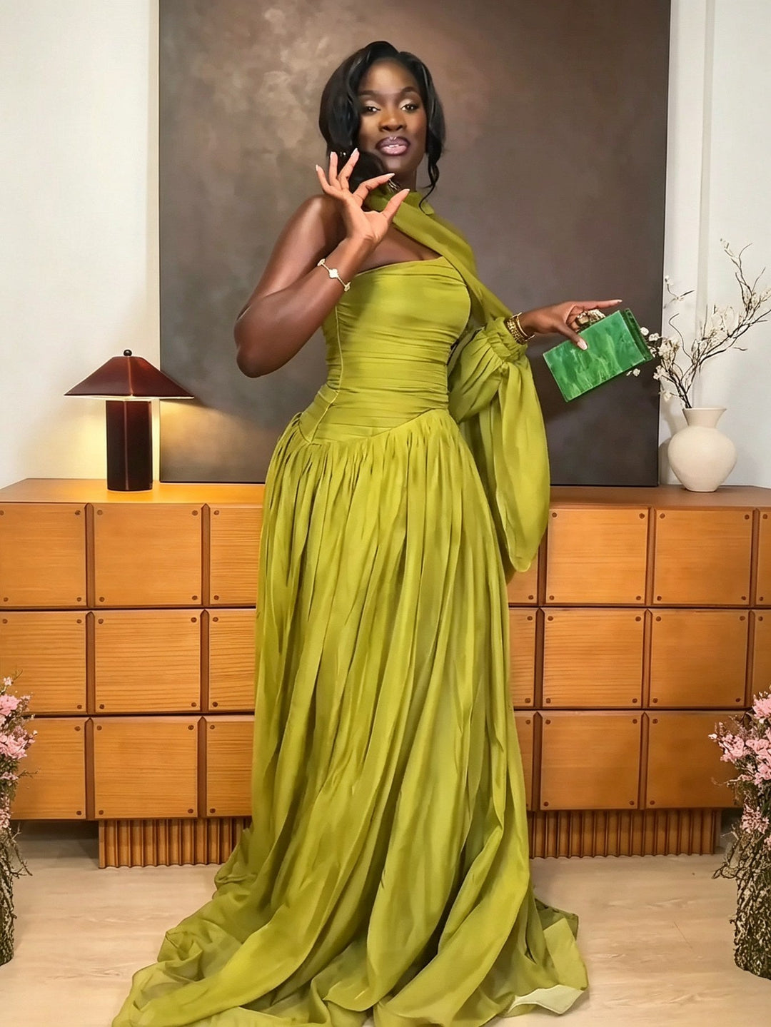 One-Shoulder Draped Pleated Maxi Dress, view 3 - Elena Harper