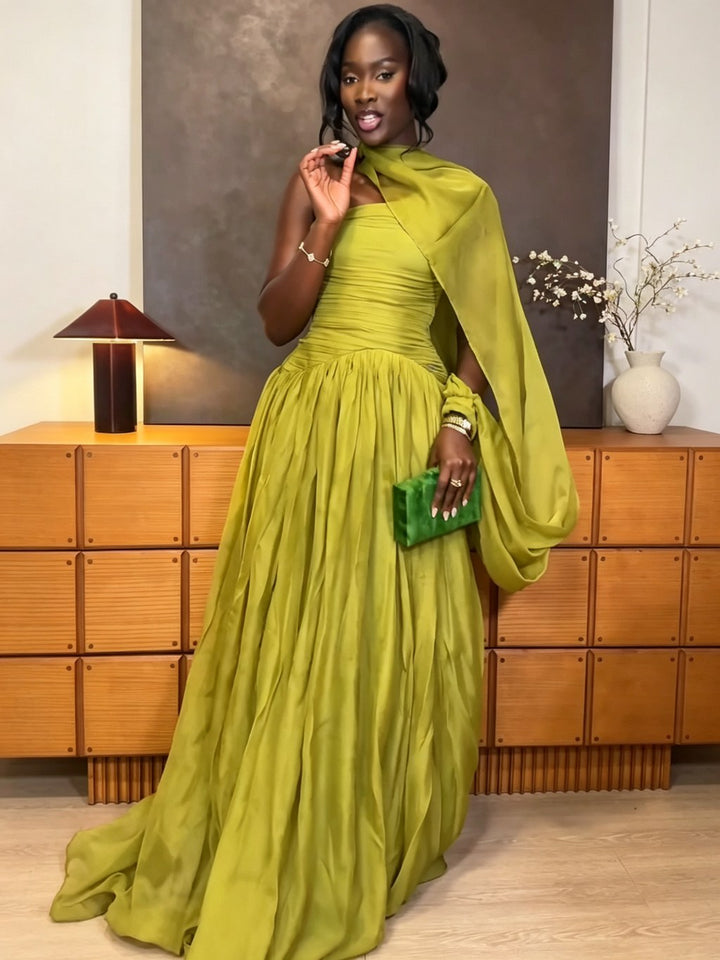One-Shoulder Draped Pleated Maxi Dress, view 4 - Elena Harper