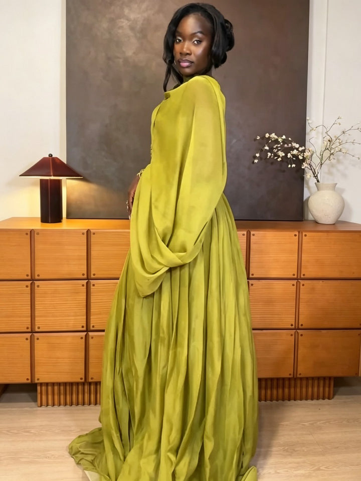 One-Shoulder Draped Pleated Maxi Dress, view 5 - Elena Harper