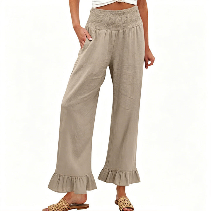 Wide Leg Women's Smocked Waist Cotton Linen Ruffled Bottom Boho Pants