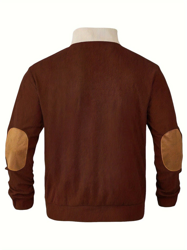 Men's Ribbed Quarter Button Sweater with Elbow Patches, view 9 - Elena Harper