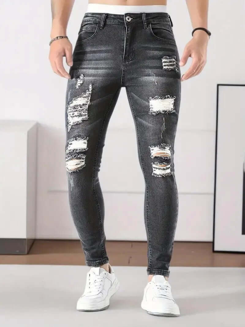 Men's Slim Fit Stretch Ripped Jeans, view 4 - Elena Harper