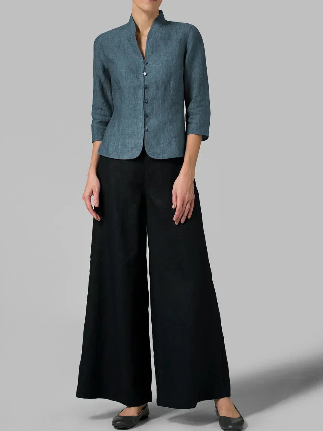 Button-Front 3/4 Sleeve Jacket for Women - Mandarin Collar