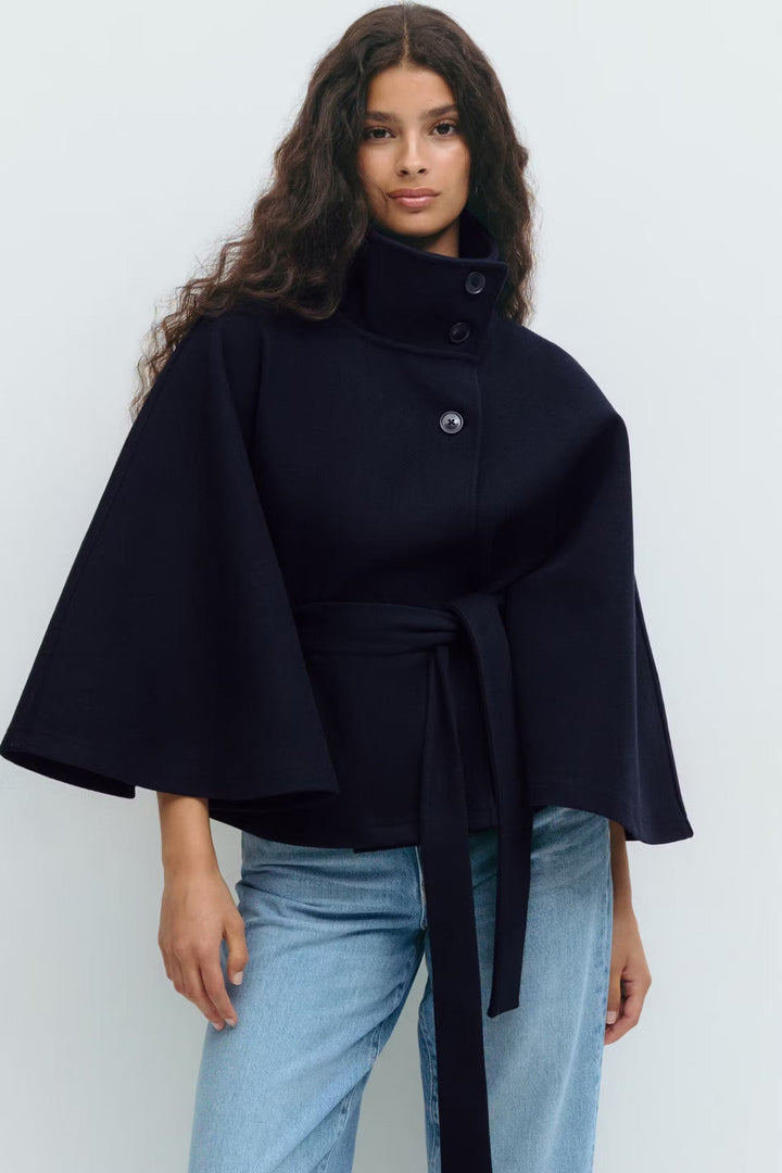 Elegant High Collar Cape Coat for Women – Stylish Belted Coat