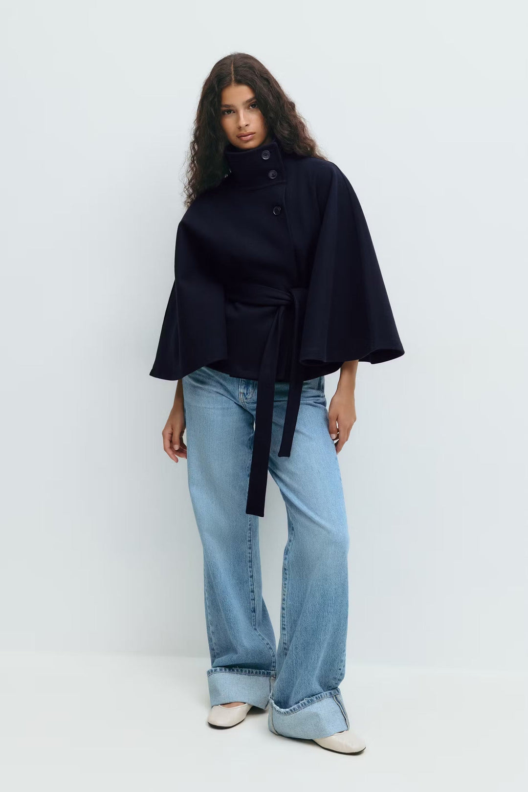 Elegant High Collar Cape Coat for Women – Stylish Belted Coat