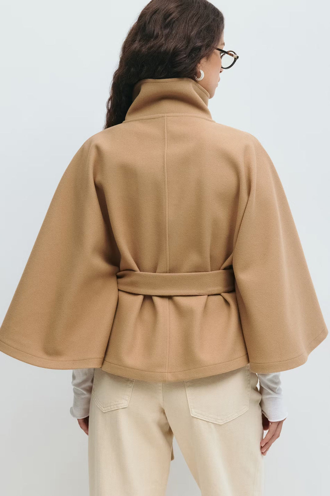Elegant High Collar Cape Coat for Women – Stylish Belted Coat