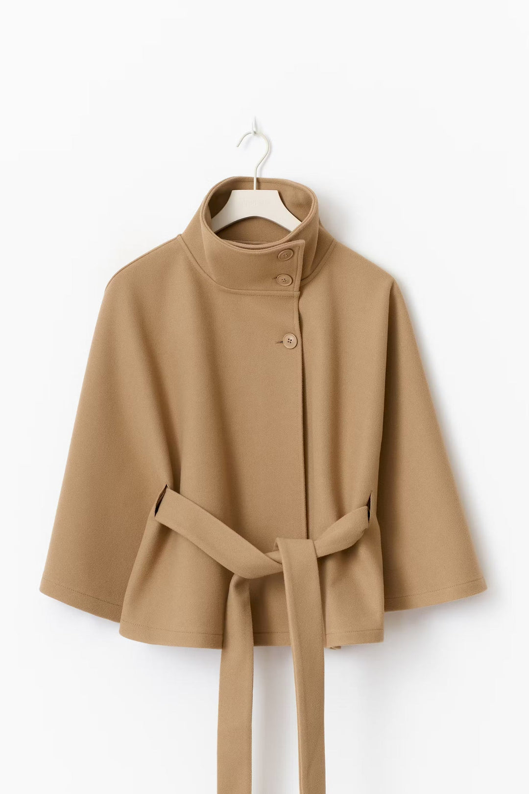 Elegant High Collar Cape Coat for Women – Stylish Belted Coat