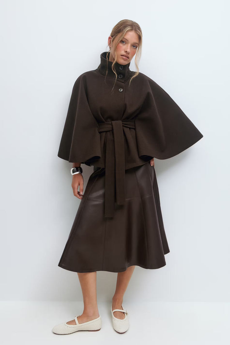 Elegant High Collar Cape Coat for Women – Stylish Belted Coat
