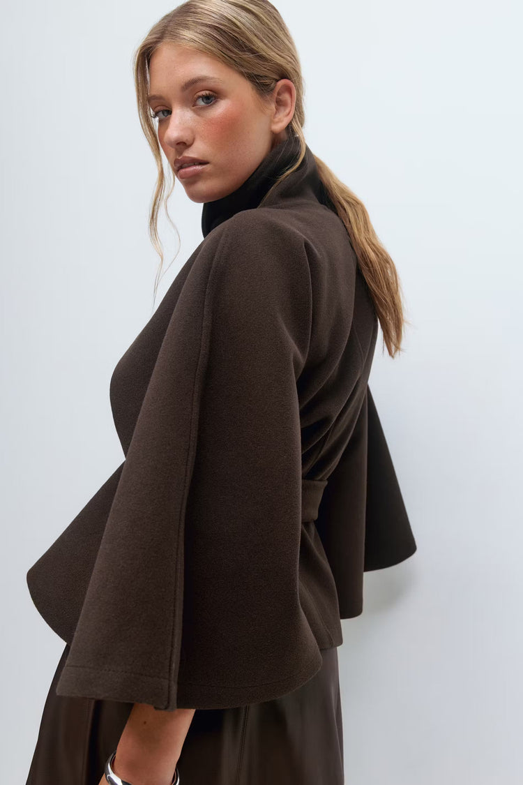 Elegant High Collar Cape Coat for Women – Stylish Belted Coat