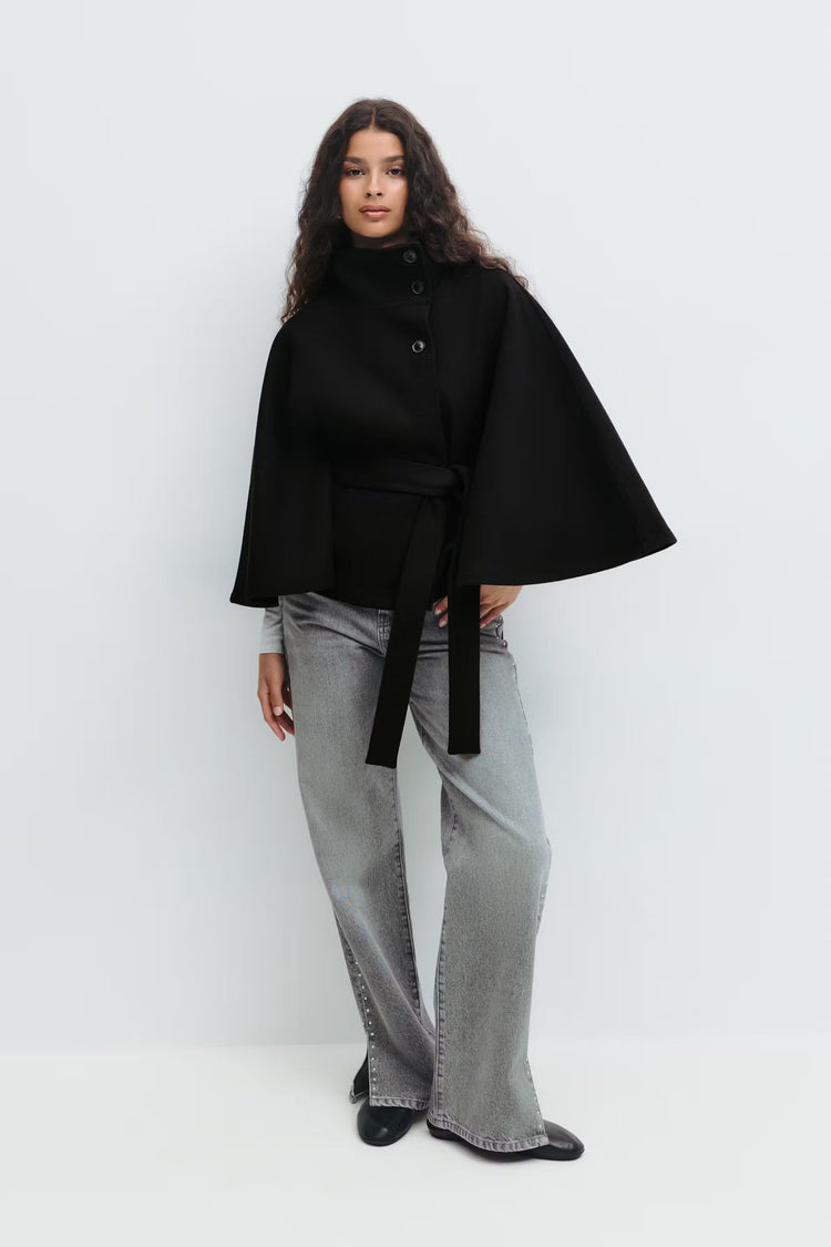 Elegant High Collar Cape Coat for Women – Stylish Belted Coat