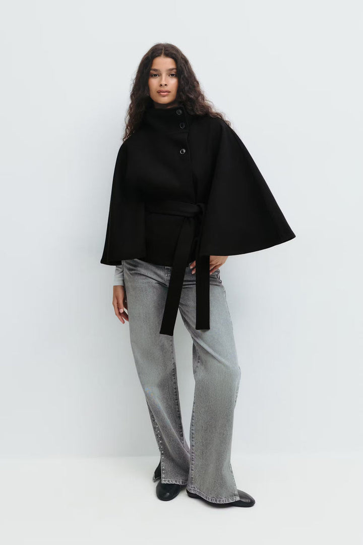 Elegant High Collar Cape Coat for Women – Stylish Belted Coat