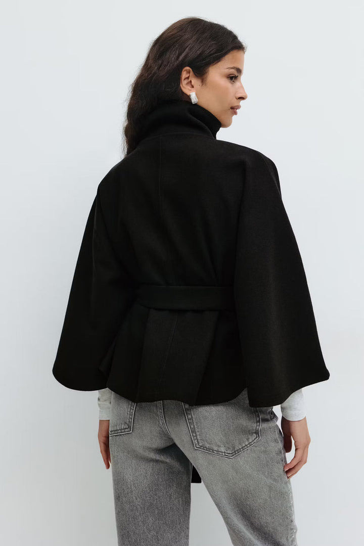 Elegant High Collar Cape Coat for Women – Stylish Belted Coat