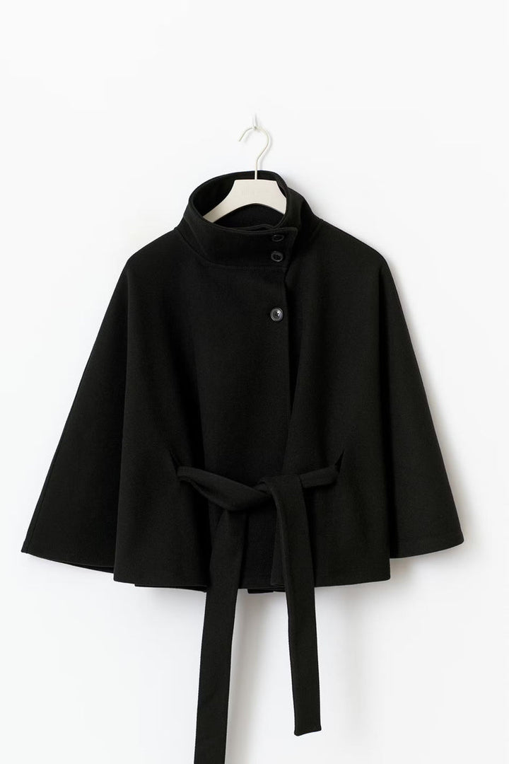Elegant High Collar Cape Coat for Women – Stylish Belted Coat