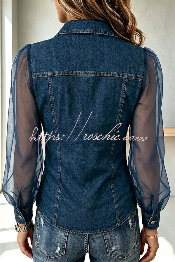 Fashionable and Casual Faux Denim Chiffon Patchwork Button Up Long Sleeve Shirt Jacket