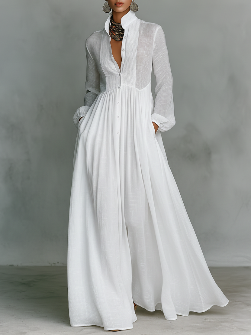 Sarah - Minimalist Cotton And Linen Patchwork Single-breasted Stand-up Collar Long-sleeved Maxi Dress