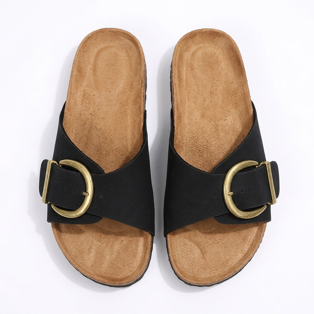Black Buckle Slide Sandals Cork Footbed