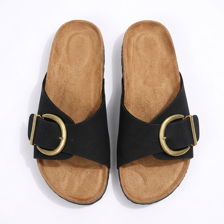 Black Buckle Slide Sandals Cork Footbed