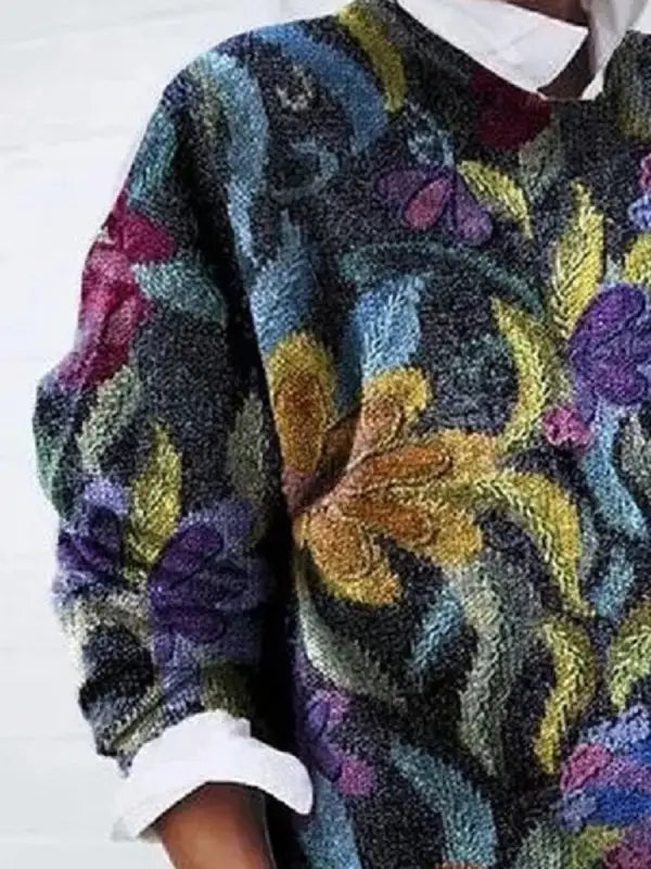 Ladies Sweater with Floral Print – Knitted Pullover Fantasy Print