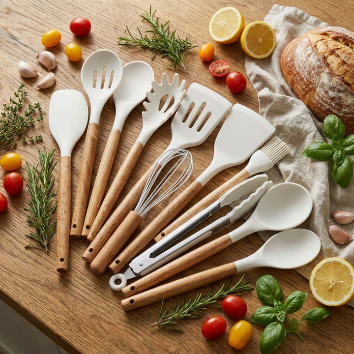 Silicone Kitchen Utensil Set with Wooden Handles