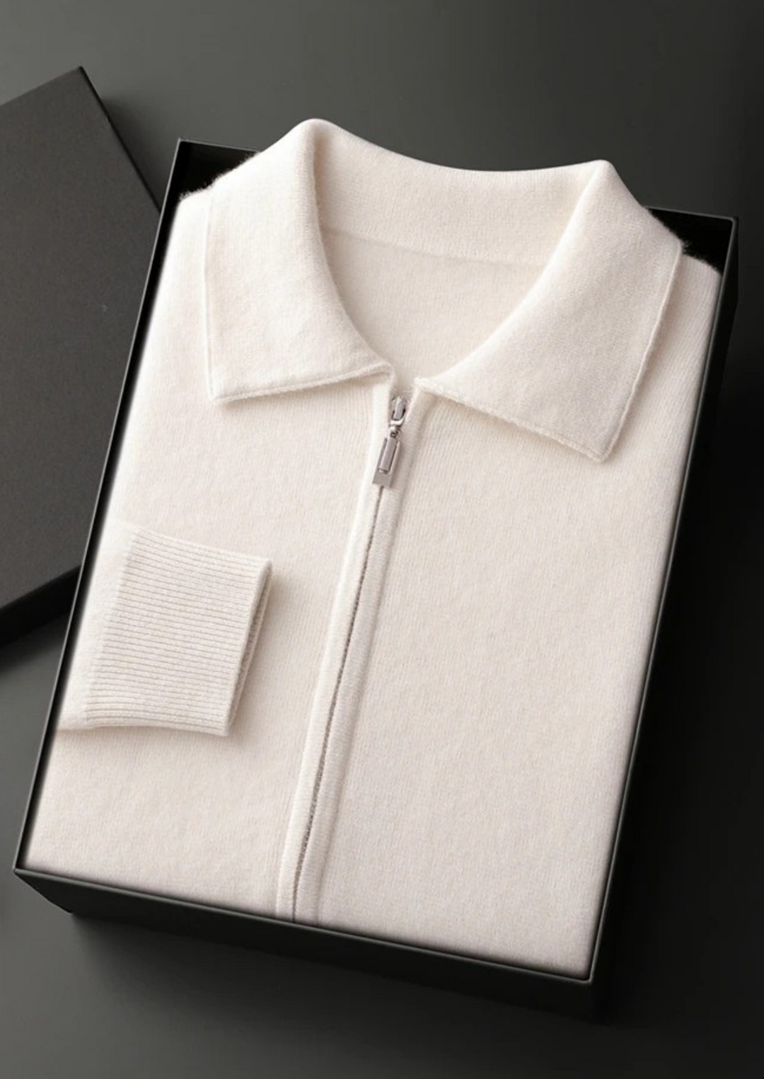 100% CASHMERE ZIP POLO CARDIGAN.