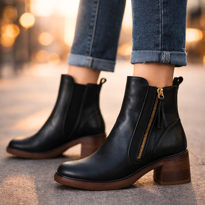 Women's Leather Heeled Ankle Boots – Stylish Ankle Boots with Cushioned Insole and Metal Zip