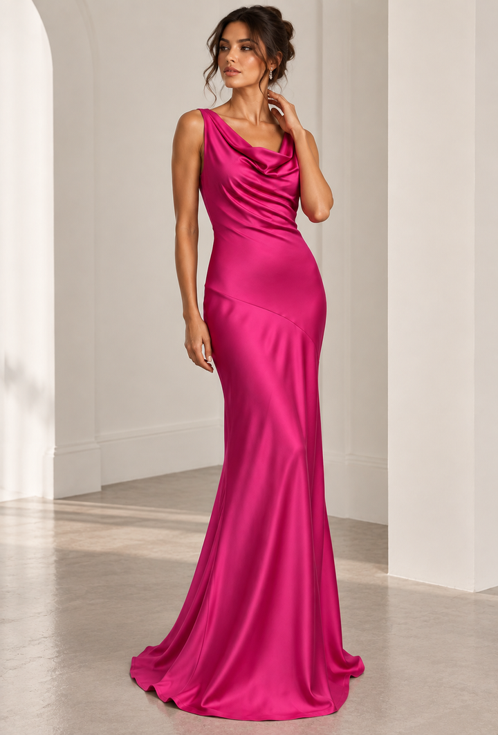 Women's Fuchsia Cowl Neck Maxi Wedding Guest Dress