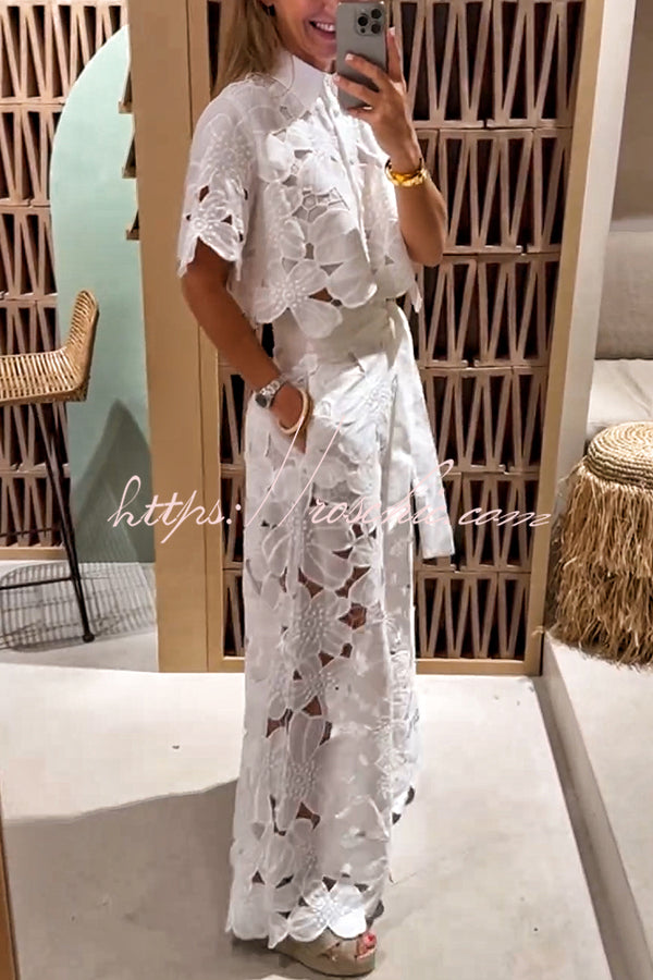 Redefining Elegance Floral Lace Cropped Shirt and Belt Pocketed Wide Leg Pants Set, view 2 - Elena Harper