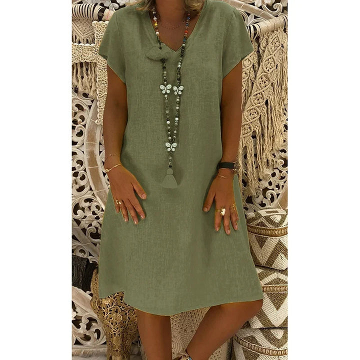 Samaira | Women's Midi Dress with V-Neck and Short Sleeves | Soft