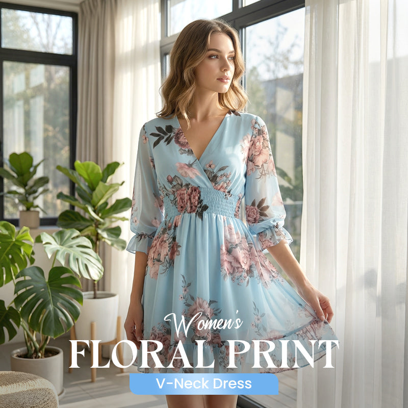 Short Women's Fluid Floral V-Neck Dress for a Light and Elegant Summer Style