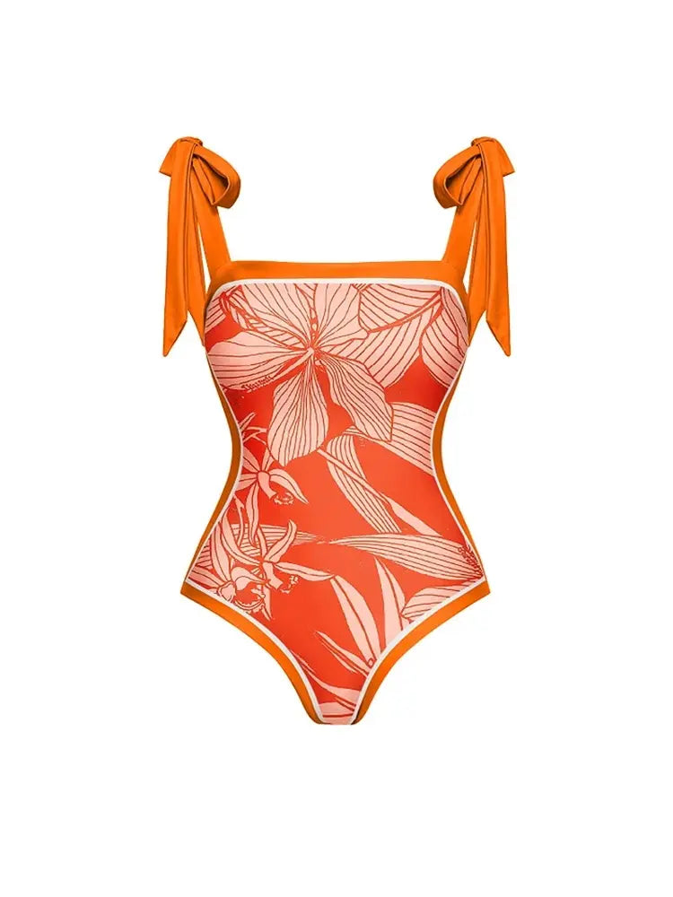 Tie Strap Print One Piece Swimsuit Set