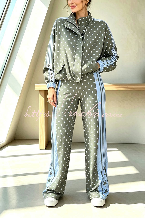 Lucienne Polka Dot Striped Star Print Zipper High Neck Pocket Sporty Jacket