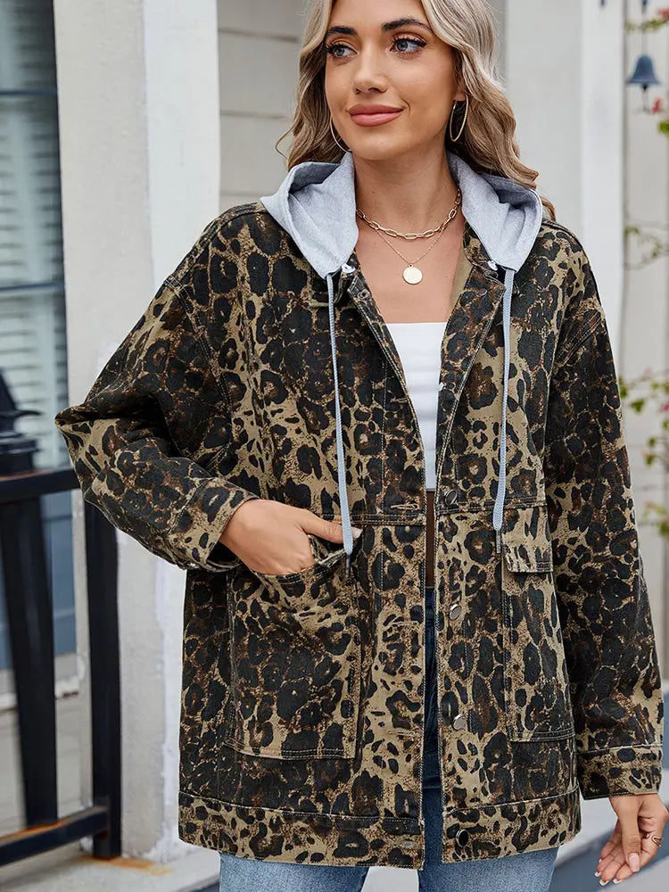 Oversized Leopard Print Hooded Denim Jacket - Elena Harper