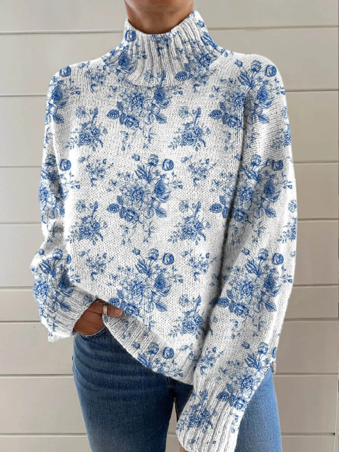Blue Blossom turtleneck sweater by Emma & Rose Cape Town, featuring a cozy knit with floral-inspired design.
