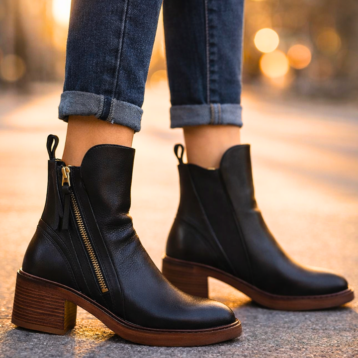 Women's Leather Heeled Ankle Boots – Stylish Ankle Boots with Cushioned Insole and Metal Zip